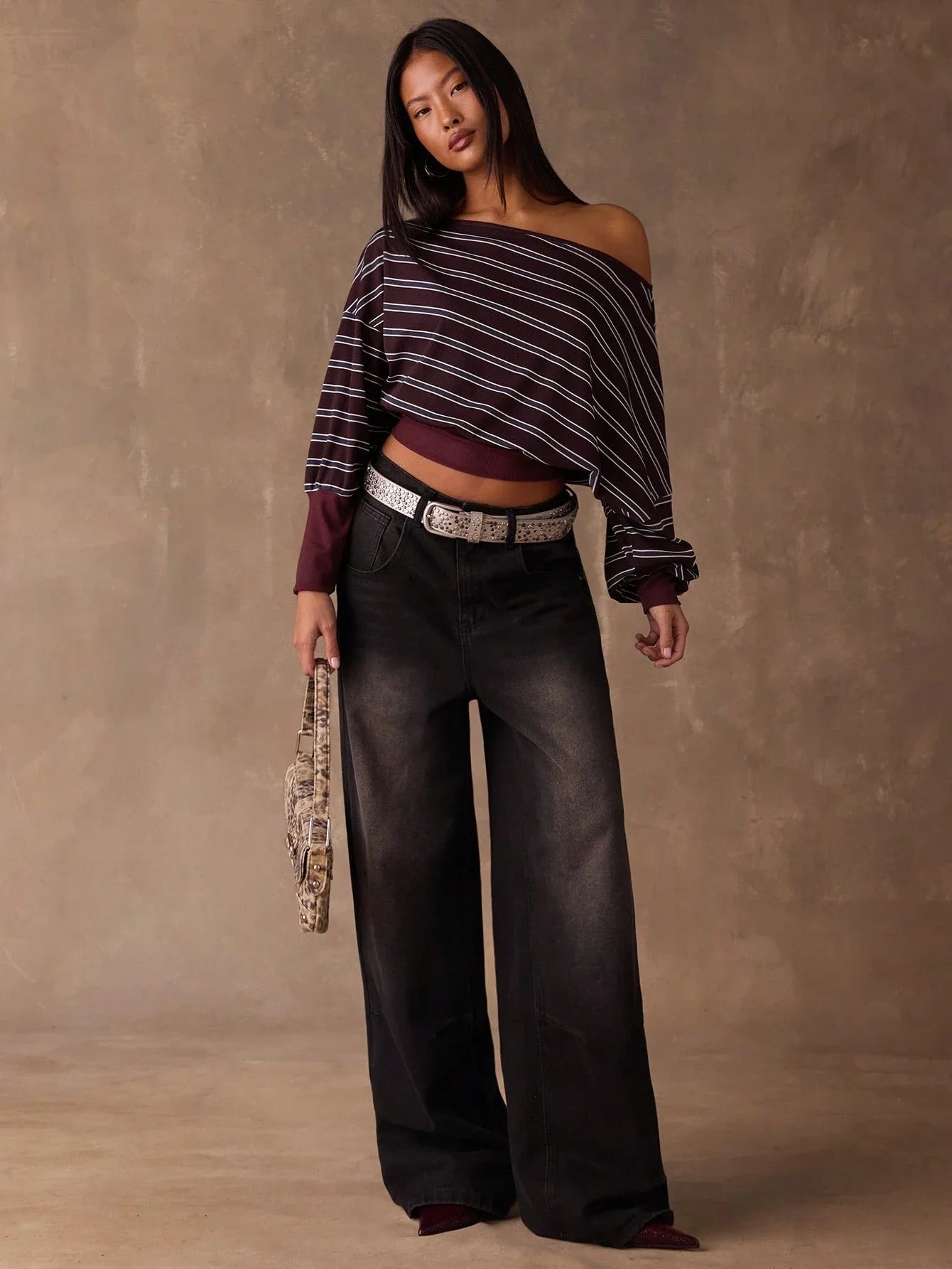 Women's Off-Shoulder Striped Long Sleeve Crop Top Casual Loose Fit Burgundy
