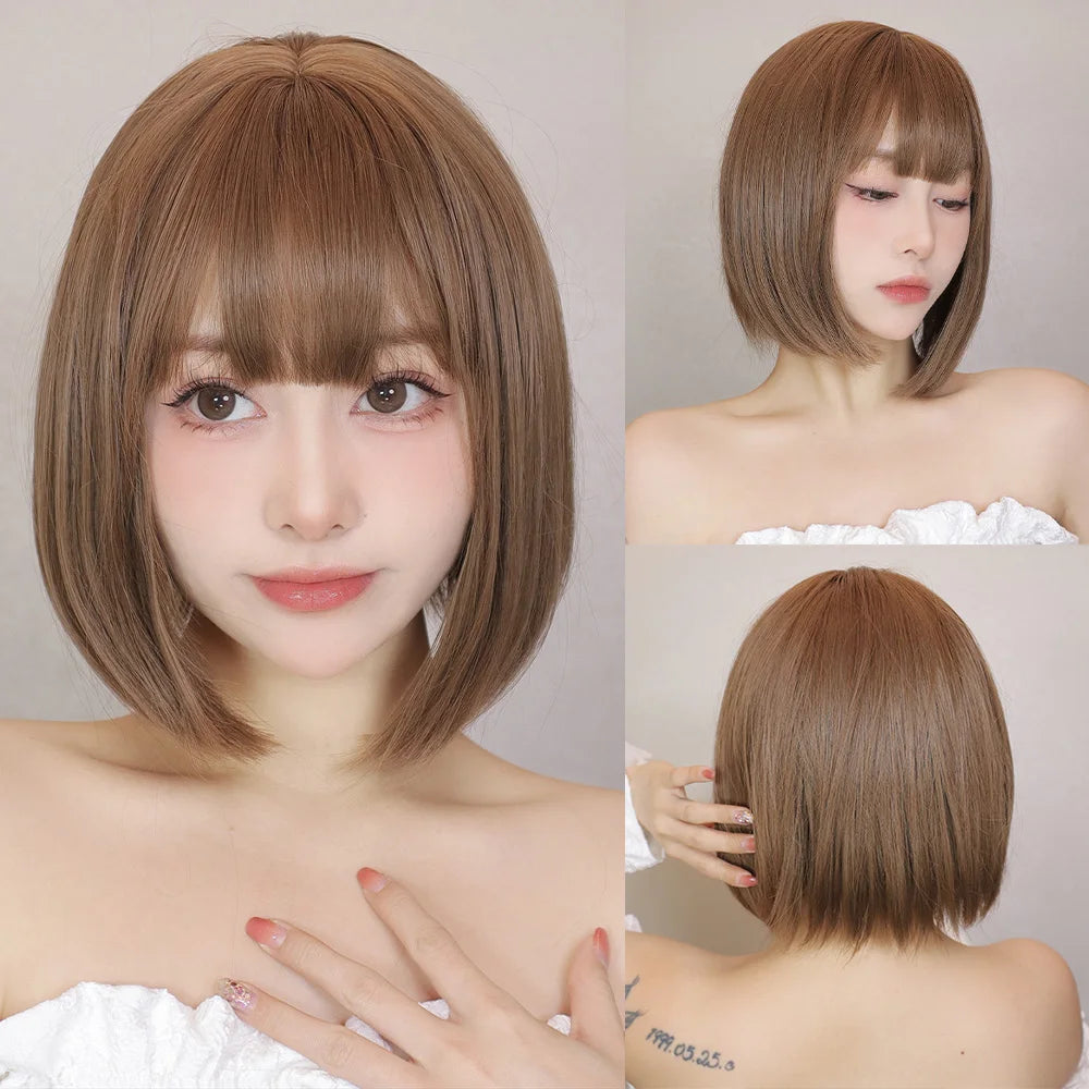 Ombre Blonde Pink Bob Wig with Fluffy Bangs Synthetic Short Straight Wigs for Black Women Heat Resistant Cosplay Daily Hair