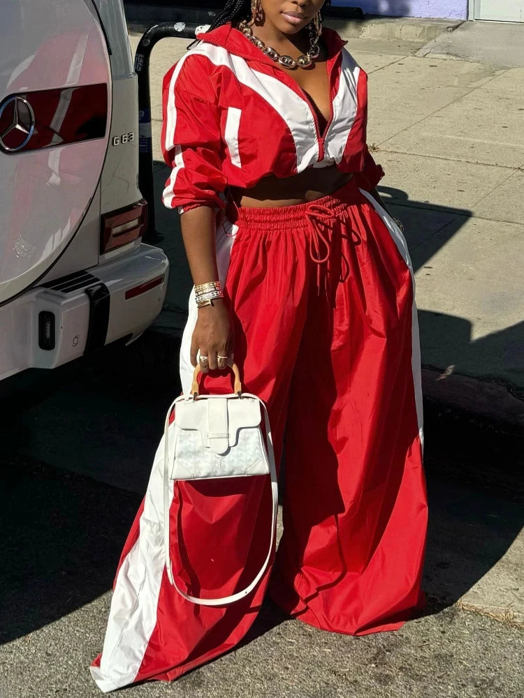 BWQ Active Patchwork Women's Set Zipper Sweatshirt Jacket and Wide Leg Pants Suit 2025 INS Two 2 Piece Sets Outfit Tracksuit