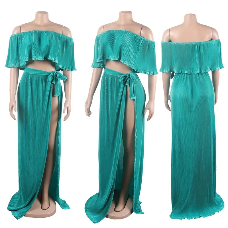 Vacation Two Piece Set for Women Maxi Dress Sets Clubwear Slash Neck Ruffles Crop Top and Long Skirts Sexy Night Club Outfits