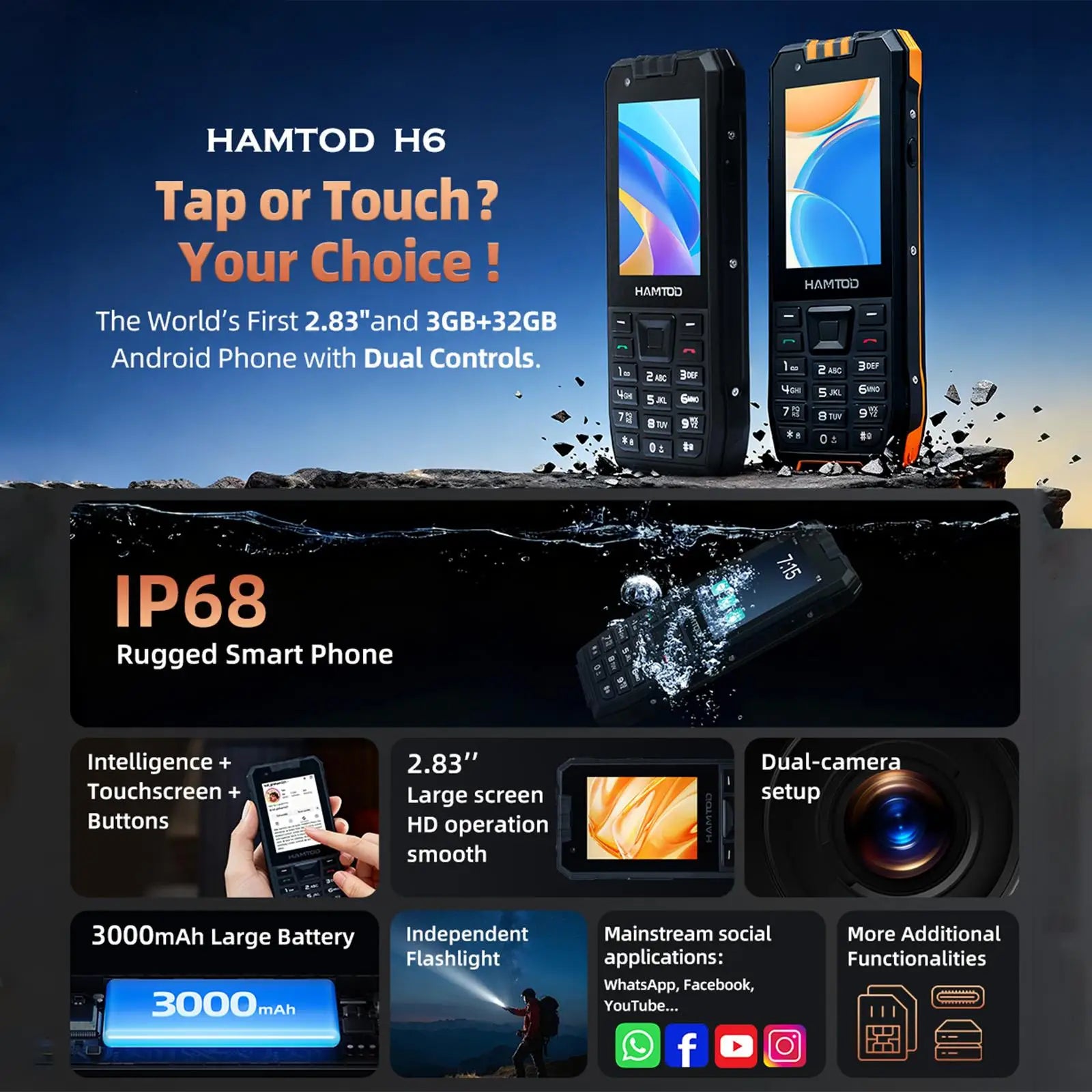 HAMTOD H6 Rugged Phone 3GB ROM 32GB RAM 2.83 inch Screen 5MP Rear Camera 3000mAh Battery Android 11 Support VoLTE 4G Cellphone
