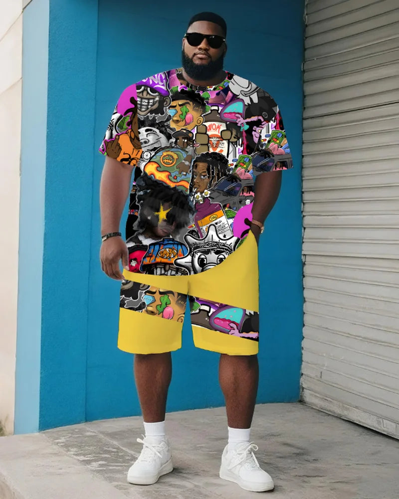 Men's Plus Size Summer Casual Outfit - All Over Print Hip-Hop Legends Short Sleeve T-Shirt and Shorts Two-Piece Set