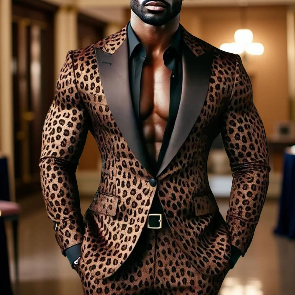 Leopard Floral Men Suits for Prom Party Two Pieces Casual Wedding Outfits Custom Made Groom Tuxedo Male Suit Set Jacket Pants