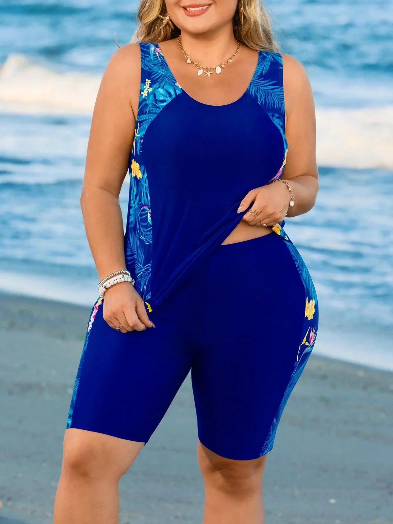 Curvy Women's Two-Piece Blue Swimsuit With Tummy Control Crop Top For Beach, Pool And Summer Activities