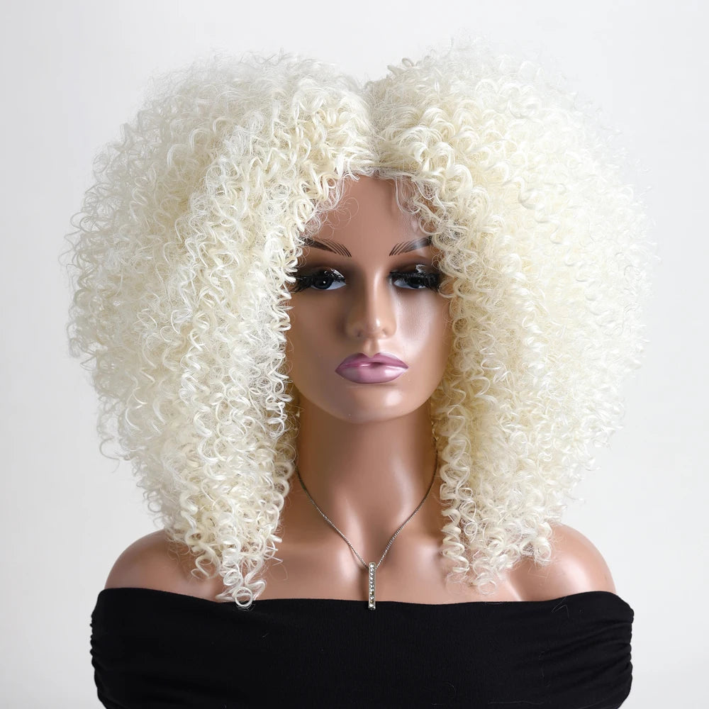 16 Inch Afro Kinky Curly Hair Wigs With Bangs Soft Fluffy Synthetic Fiber None Lace Wigs For Party Cosplay Daily Use