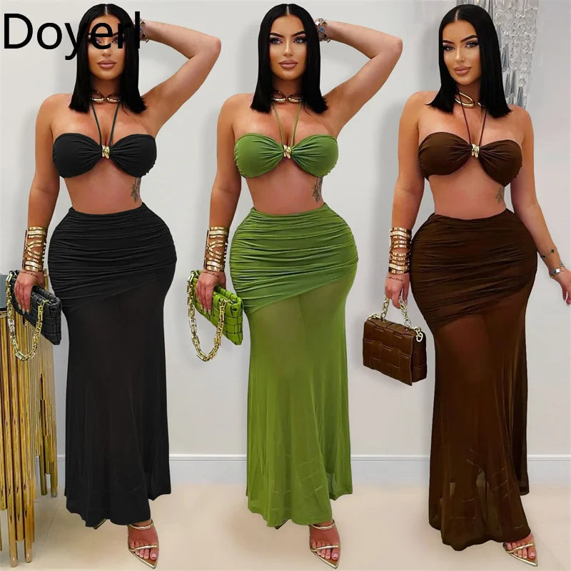 Sexy Outfits Women Two Piece Set Festival Clothing Holiday Club Mesh Sheer Ruched Halter Strapless Crop Top and Long Skirt Sets