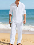 Men's Linen Solid Color Set Casual Long Sleeve Shirt Loose Pants Two Piece Outfit Beach Vacation Fashion