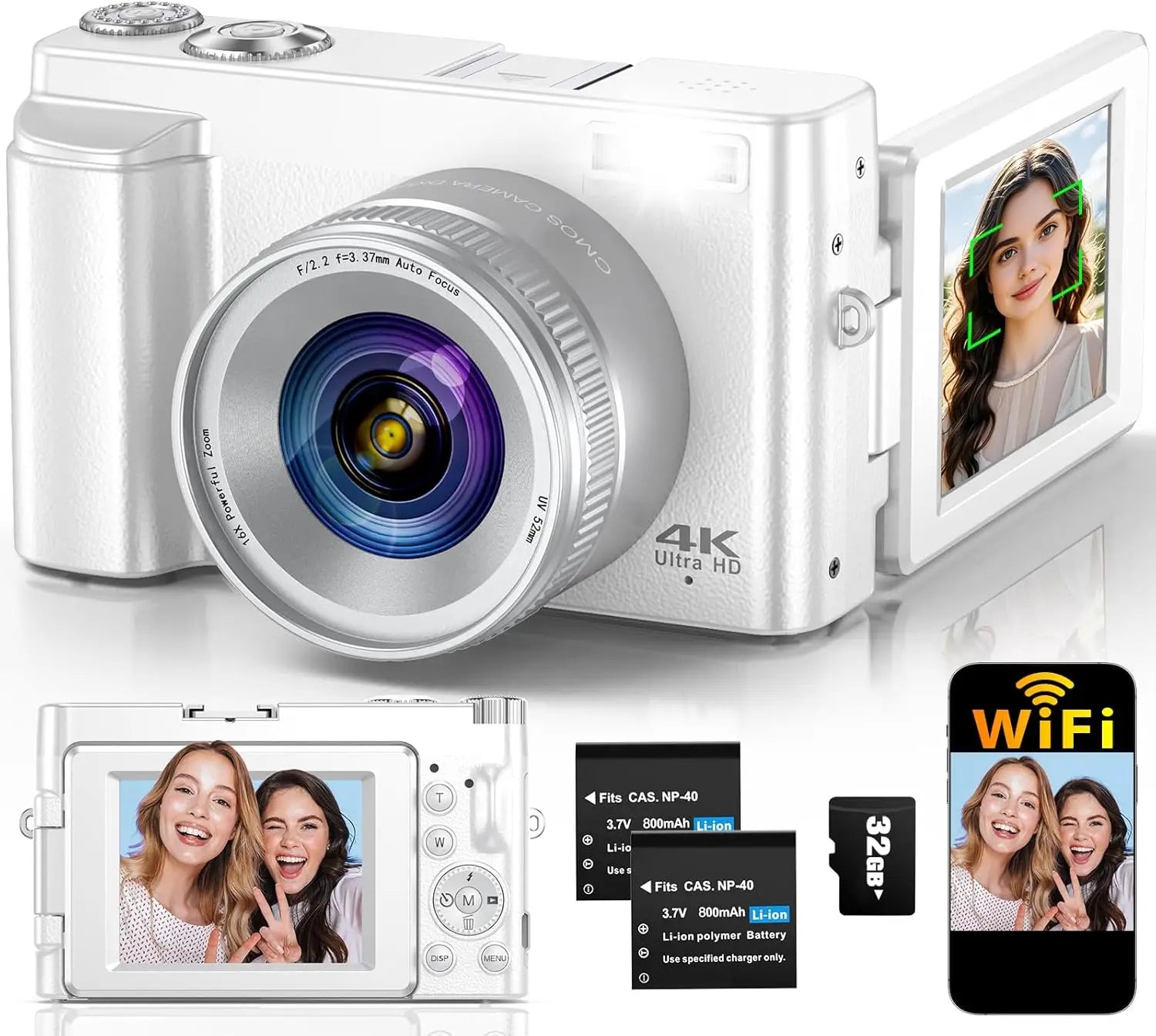 4K WiFi Vlogging Camera with 64MP, Autofocus, Flip Screen, Anti-Shake for Travel and YouTube