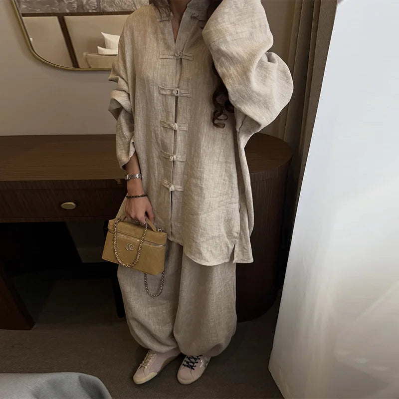 Women's Linen Two-Piece Pants Set Button Loose Casual Short Top Wide Leg Pant Loose Fit Loungewear Suit Workwear Outfit