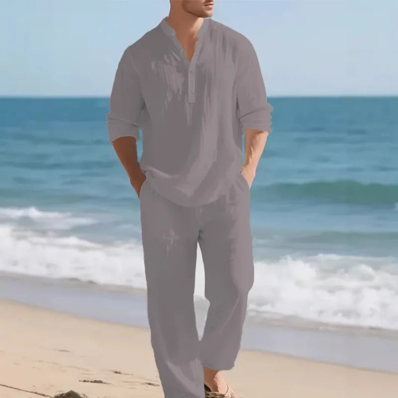 Men's Linen Solid Color Set Casual Long Sleeve Shirt Loose Pants Two Piece Outfit Beach Vacation Fashion