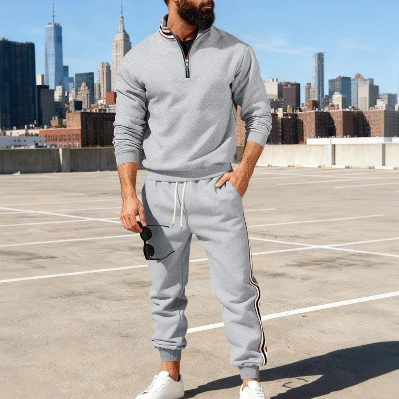 New Casual Mens Tracksuits Autumn Winter Fashion Striped Patchwork Two Piece Sets Men Stand Collar Sweatshirt And Pants Outfits