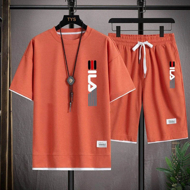 2026 Summer Men's Casual Short-Sleeved T-Shirt Set, fashionable outdoor outfit, two-piece set.