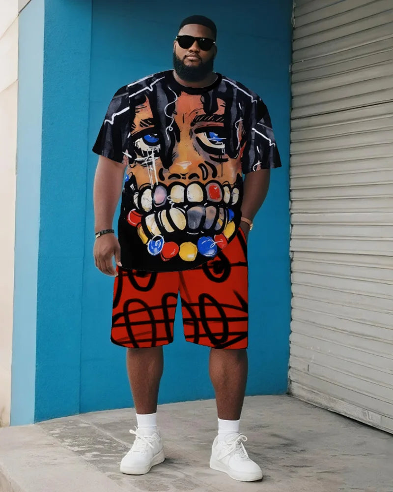 Men's Plus Size Summer Casual Outfit - All Over Print Hip-Hop Legends Short Sleeve T-Shirt and Shorts Two-Piece Set