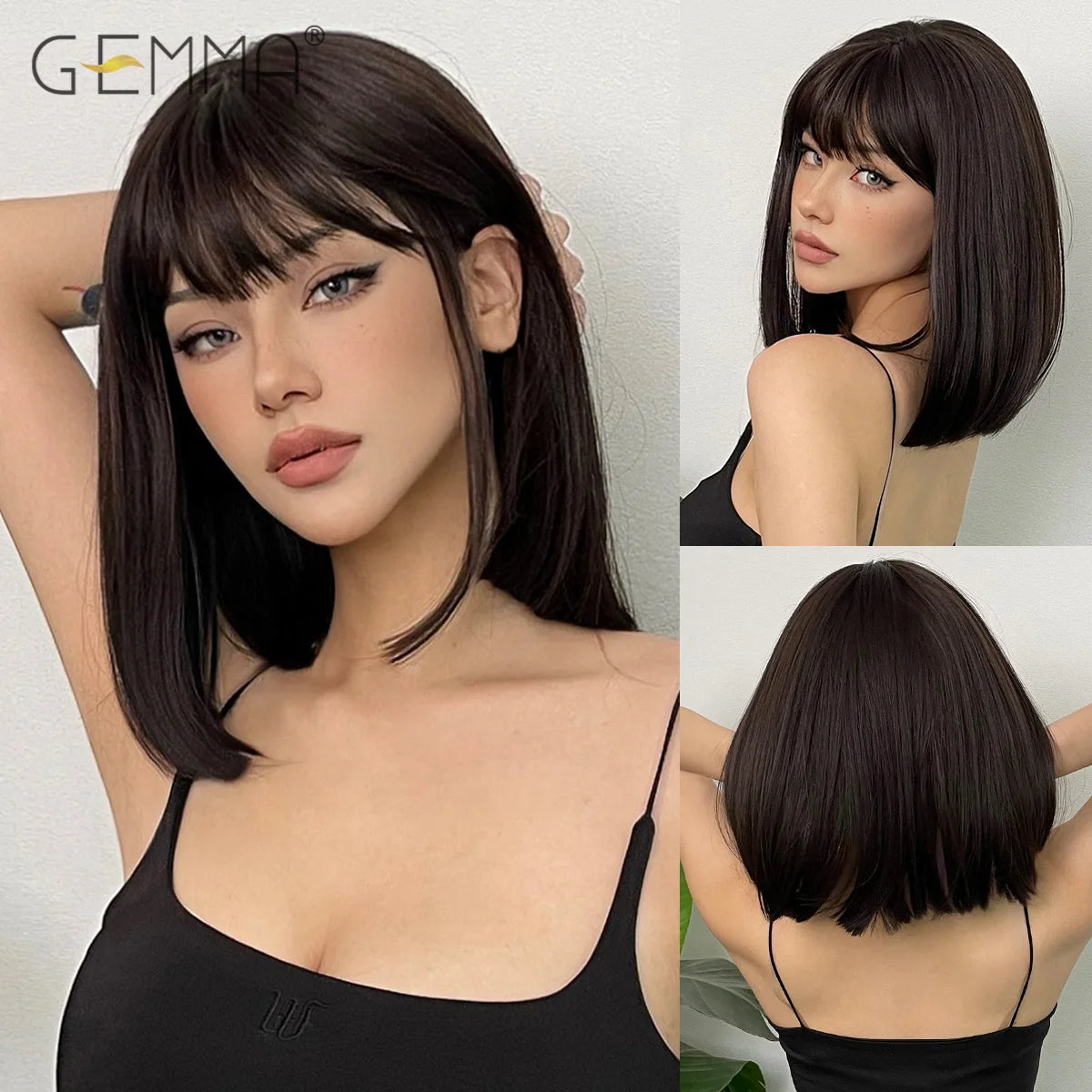 Ombre Blonde Pink Bob Wig with Fluffy Bangs Synthetic Short Straight Wigs for Black Women Heat Resistant Cosplay Daily Hair