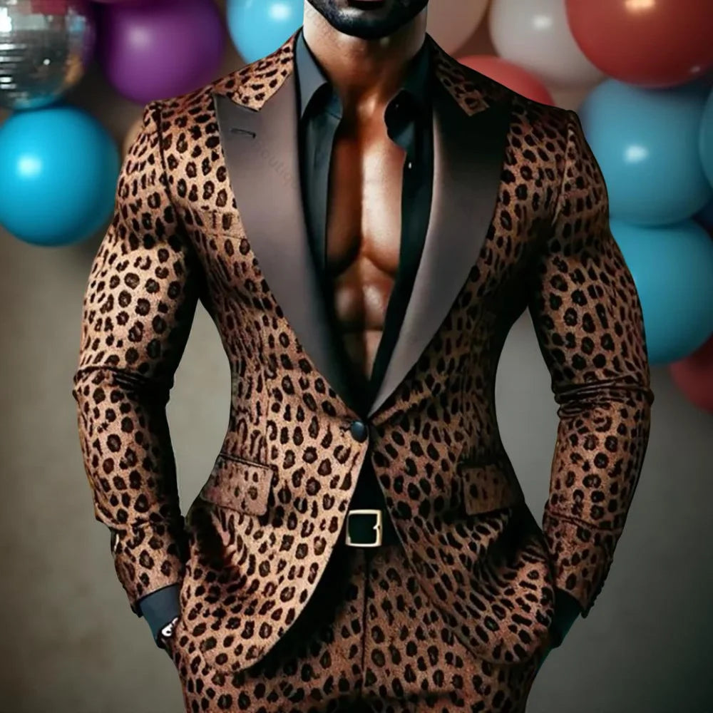 Leopard Floral Men Suits for Prom Party Two Pieces Casual Wedding Outfits Custom Made Groom Tuxedo Male Suit Set Jacket Pants