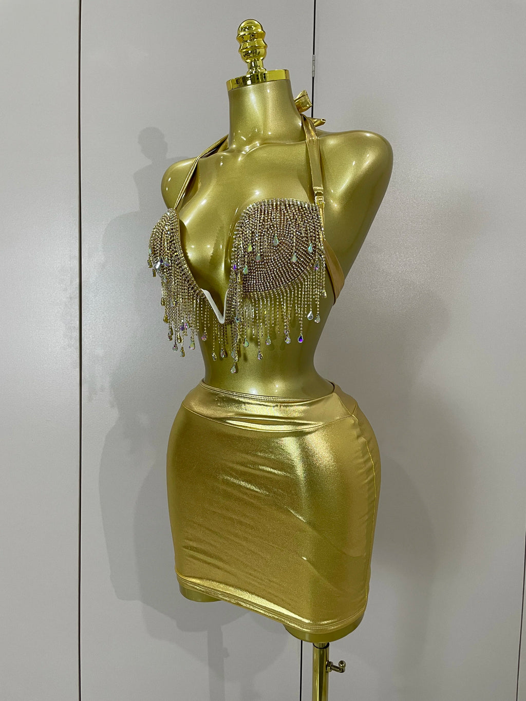 Luxury Shiny Diamond Chain Top Mini Dress Two Pieces Women Eveing Celebrate Party NightClub Festival Outfit Sexy Stage Costume