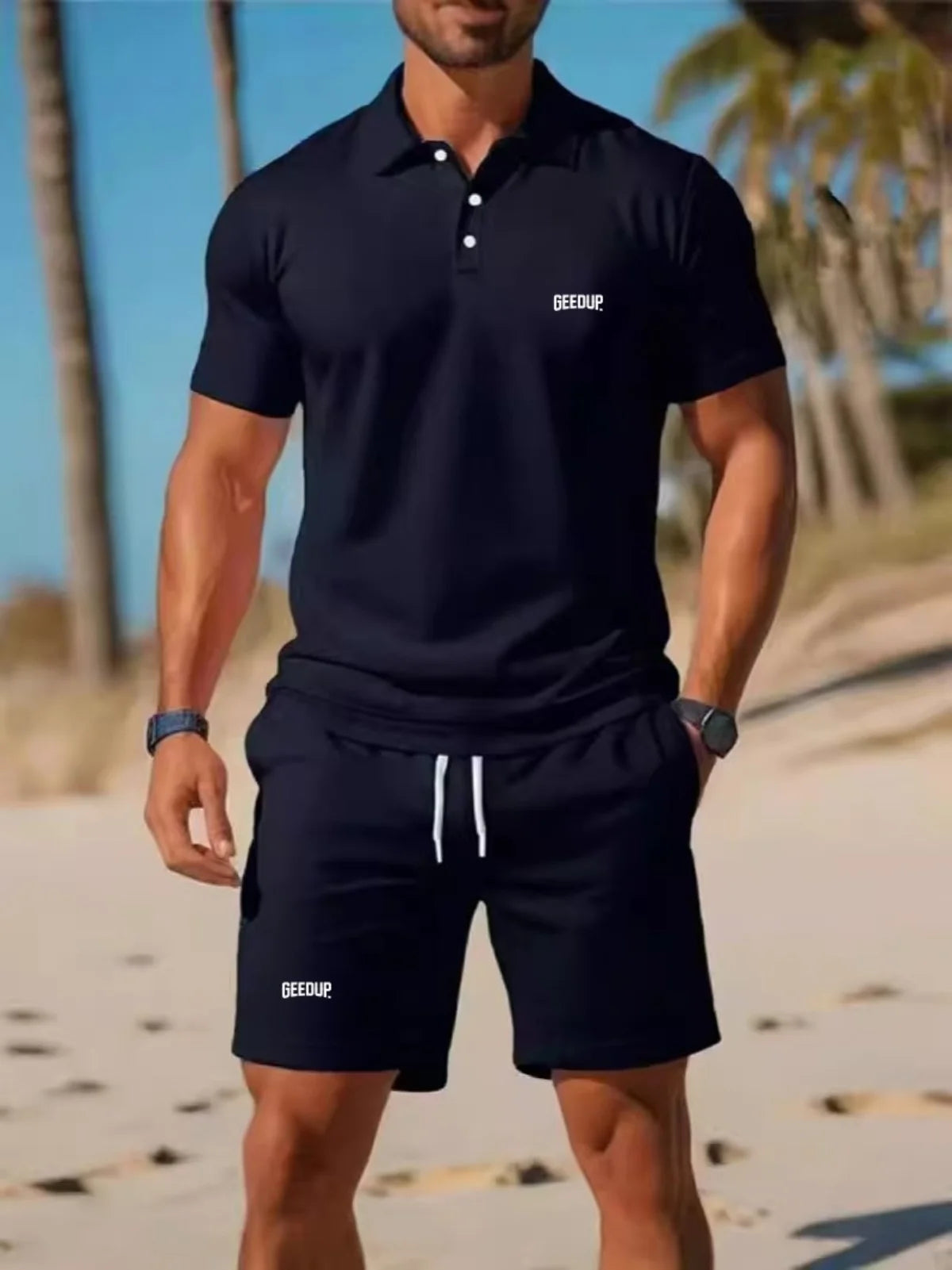 The 2025 summer men's Polo shirt, T-shirt and shorts casual set is suitable for daily wear and a beach sports two-piece outfit.