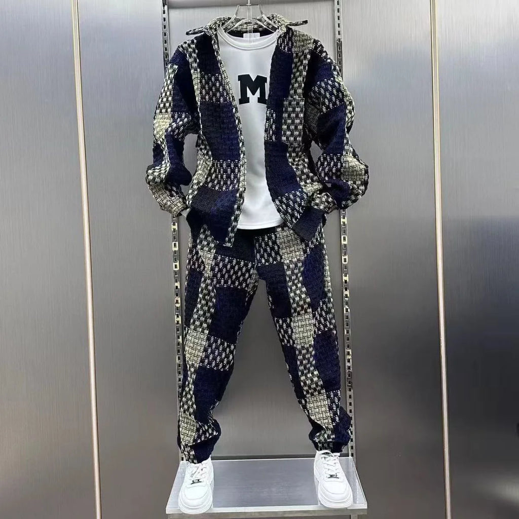 Men's Casual Navy & Beige Textured Plaid Two-Piece Set Lapel Shirt & Jogger Pants Leisure Outfit