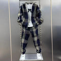 Men's Casual Navy & Beige Textured Plaid Two-Piece Set Lapel Shirt & Jogger Pants Leisure Outfit