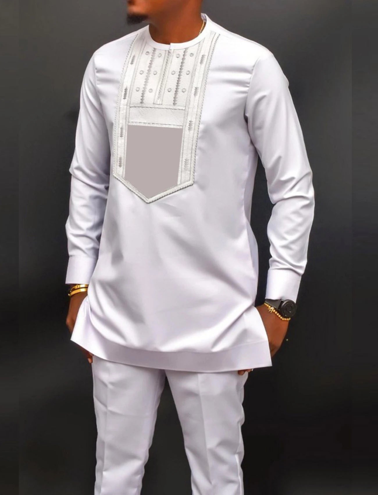 African Men Two Piece Suit Long Sleeve Round Collar Embroidery Top Shirts Pants Party Outfits Shirt Ethnic Summer Africa Simple
