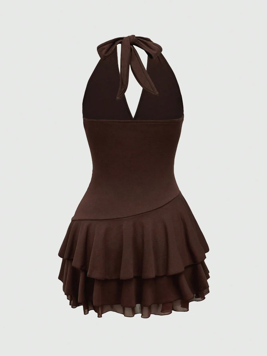 Brown Halter Neck Embroidered Tiered Hem Mini Dress with Floral Motif