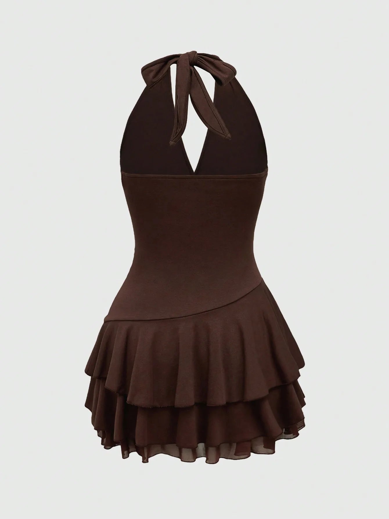 Brown Halter Neck Embroidered Tiered Hem Mini Dress with Floral Motif