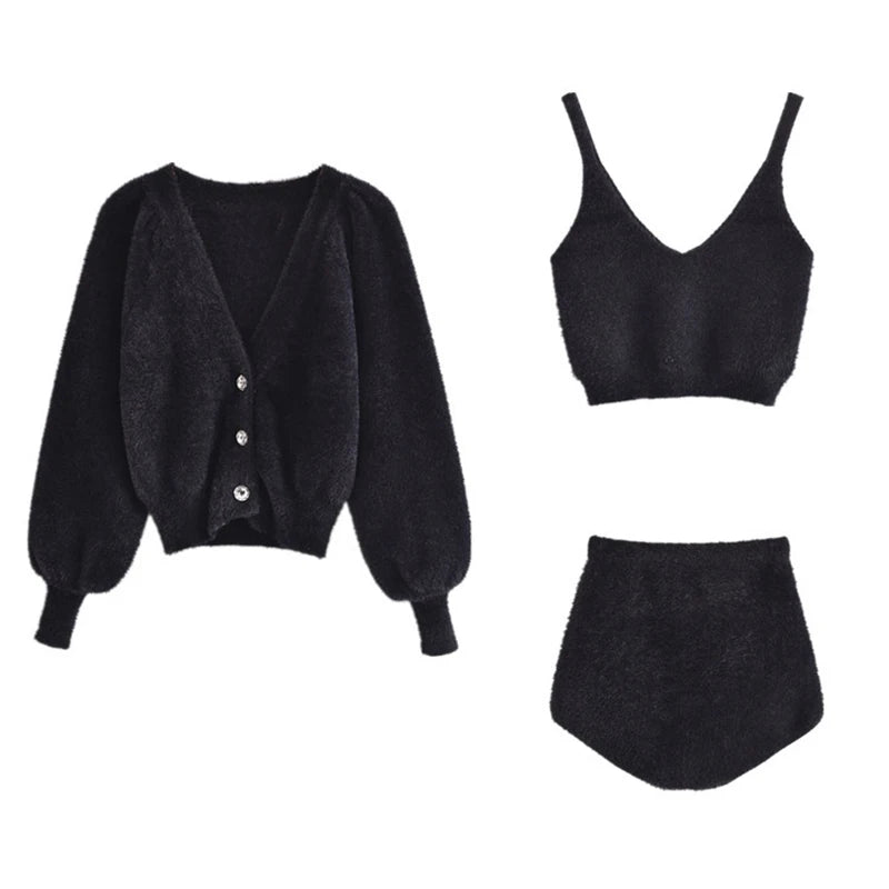 Taruxy Women Two Piece Sets Outfits White Plush Mohair Drill Button Cardigan Coats With Bra Tops And Mini Shorts Matching Sets