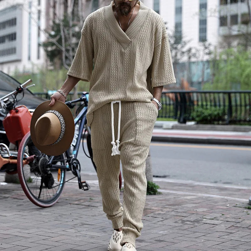 White Men's Casual Pants Sets Jacquard Two Piece Suits Male V-Neck Short Sleeve Tops and Long Pants Streetwear Fashion Outfits