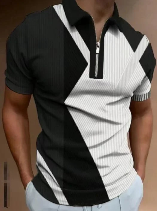 Shirts Men Tops Polo Shirt Short Sleeve Turn Down Collar Zipper Casual Simple Regular Top Splice Print Slim Fit Autumn 2024