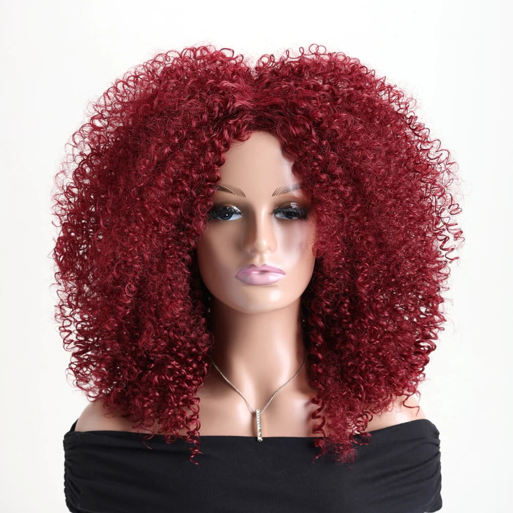 16 Inch Afro Kinky Curly Hair Wigs With Bangs Soft Fluffy Synthetic Fiber None Lace Wigs For Party Cosplay Daily Use
