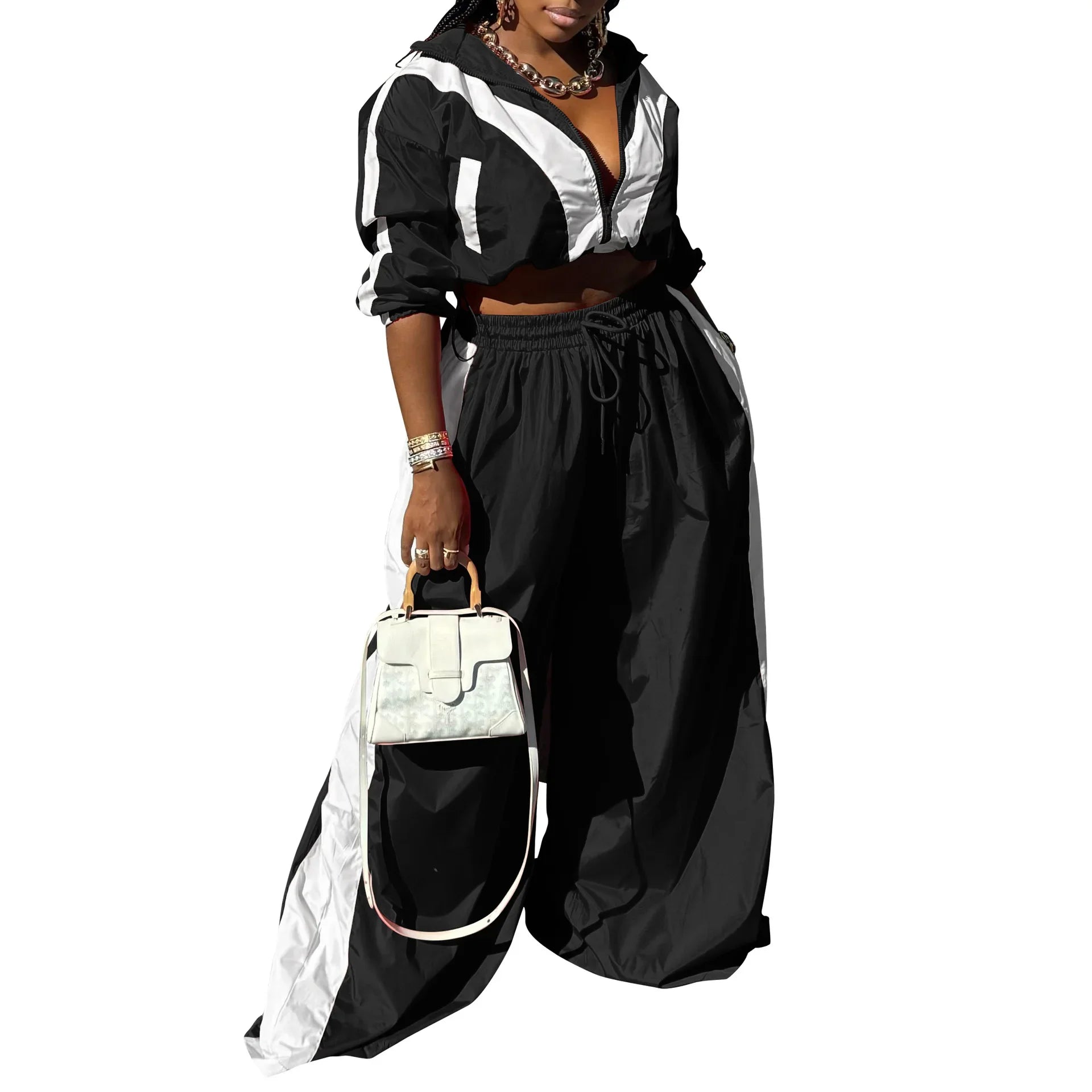BWQ Active Patchwork Women's Set Zipper Sweatshirt Jacket and Wide Leg Pants Suit 2025 INS Two 2 Piece Sets Outfit Tracksuit