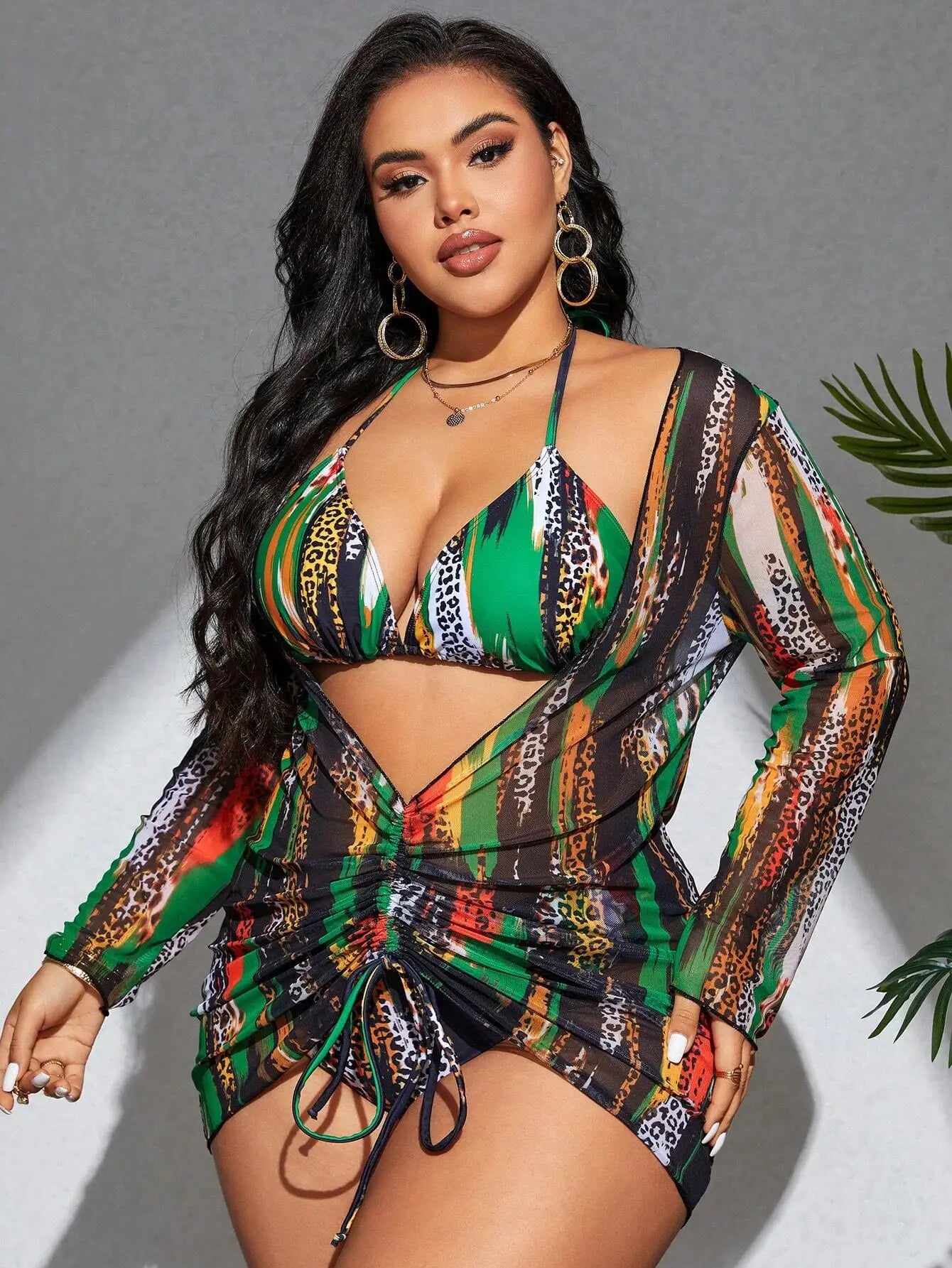 Vibrant Leopard And Colorblock 3-Piece Plus Size Tankini Set For Beach Summer Festival Wear