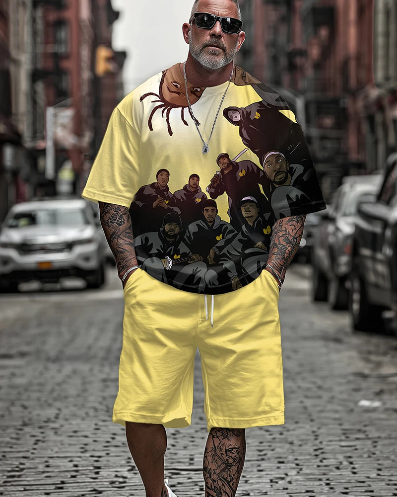 Men's Plus Size Summer Casual Outfit - All Over Print Hip-Hop Legends Short Sleeve T-Shirt and Shorts Two-Piece Set