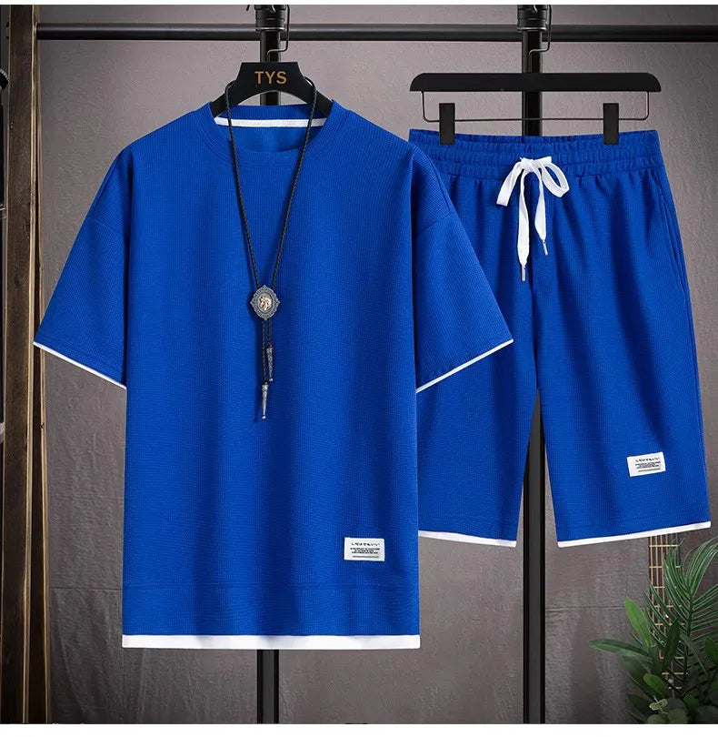 Korean Men's Waffle Tracksuit Short Sleeve T-shirts And Sports Shorts Summer Casual Outfits Joggers Sets Men's Two Piece Suit