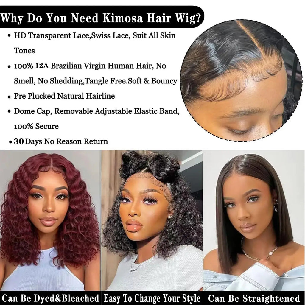 Deep Wave 13x4 Lace Frontal Bob Wig 200% Density Brazilian Pre Plucked Virgin Hair 100% Human Hair Wigs #1B lnvisible Lace Wigs
