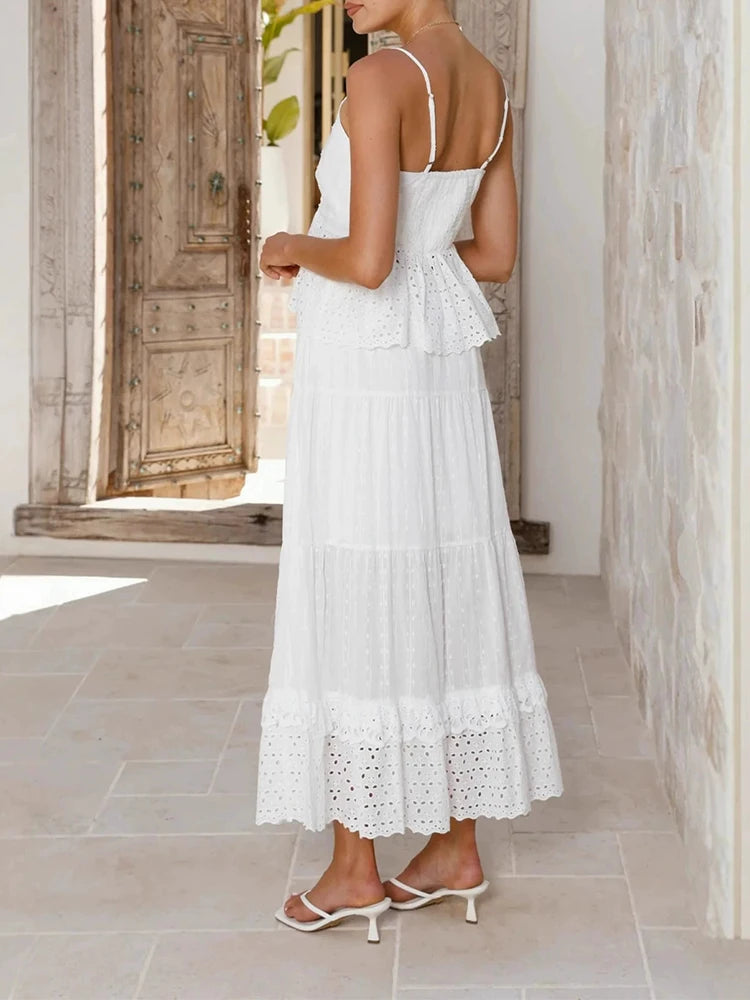 White Lace 2026 Vacation Women Suit Casual Hollowed Out Backless Beach Outfit Sexy V-neck Sleeveless Top and Skirt Two Piece Set