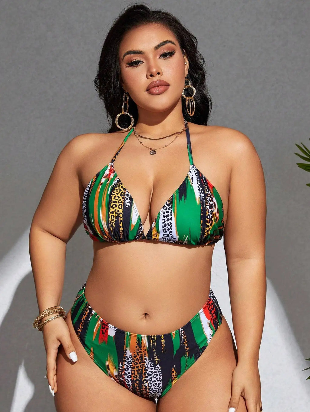 Vibrant Leopard And Colorblock 3-Piece Plus Size Tankini Set For Beach Summer Festival Wear
