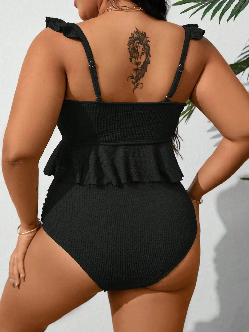 Black Ruffled Peplum Bikini Set With Square Neck And High Waist