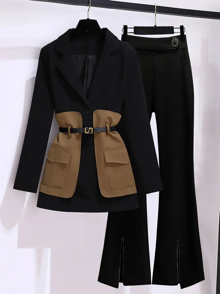 2025 Spring Belt Decorative Patchwork Jacket Blazer Casual Expansion Crying Two-piece Elegant Women Pants Suit Office Outfits