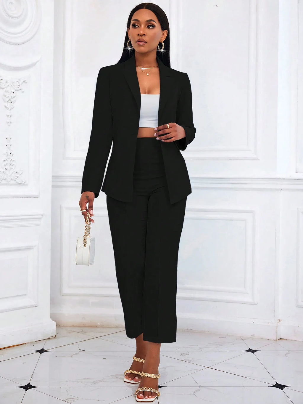 Women's Black Solid Color Two Piece Suit 2026 Long Sleeve Blazer & High Waist Cropped Pants Set Office Work Wear Outfit