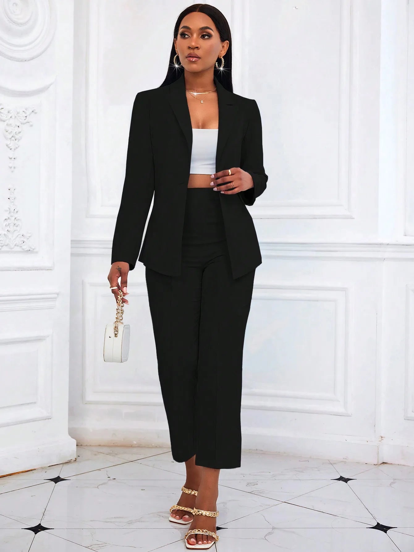 Women's Black Solid Color Two Piece Suit 2026 Long Sleeve Blazer & High Waist Cropped Pants Set Office Work Wear Outfit
