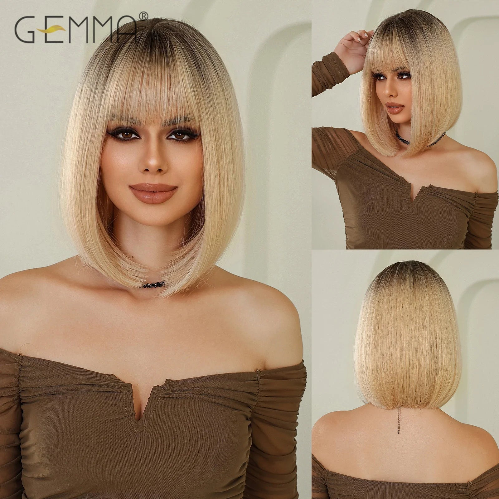 Ombre Blonde Pink Bob Wig with Fluffy Bangs Synthetic Short Straight Wigs for Black Women Heat Resistant Cosplay Daily Hair