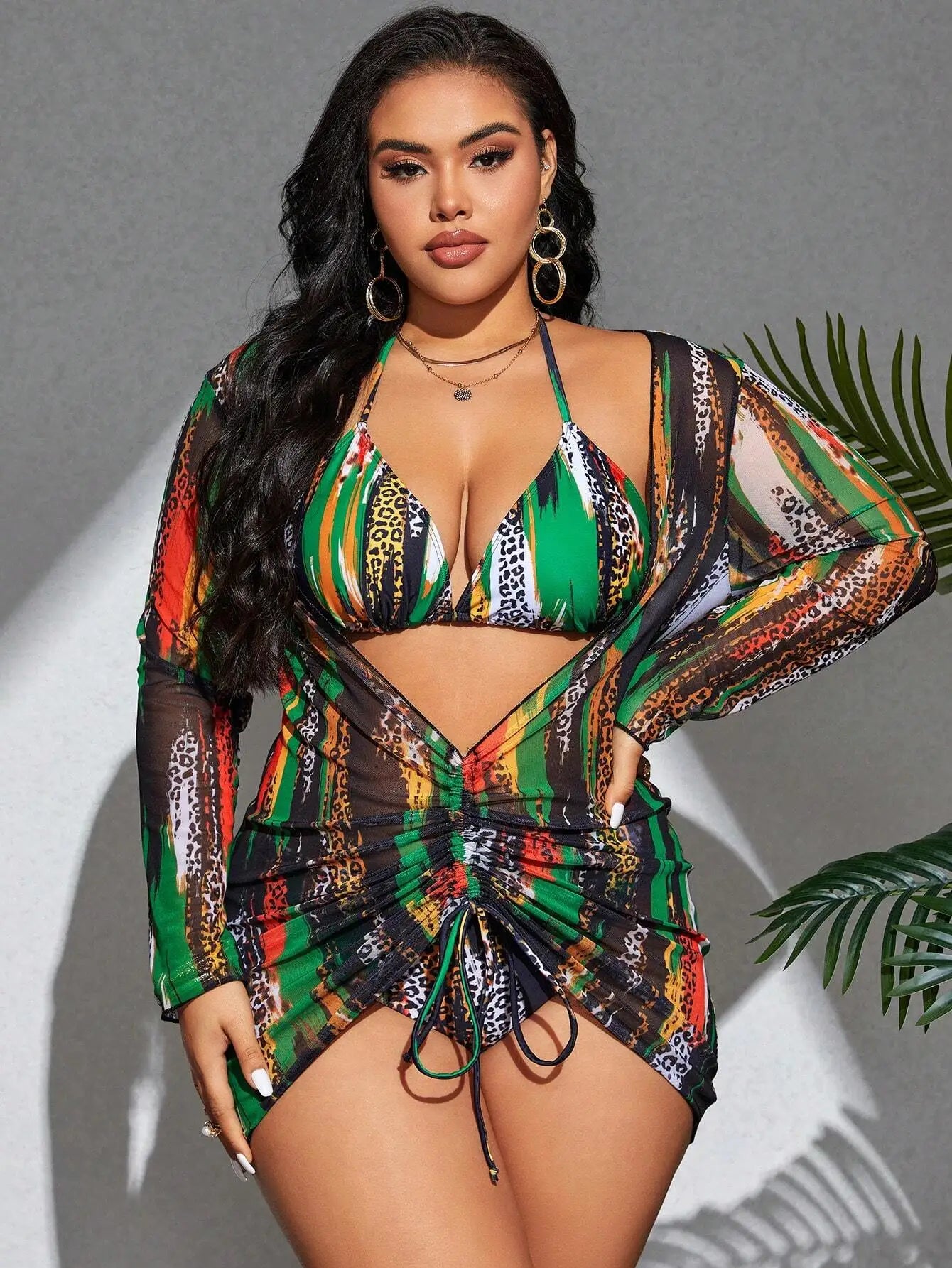 Vibrant Leopard And Colorblock 3-Piece Plus Size Tankini Set For Beach Summer Festival Wear