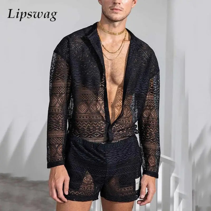 Nightwear Mens Sexy Pajamas Sets 2025 Summer Leisure Hollow Out Embroidery Mesh Two Piece Suits Fashion Tops And Shorts Outfits