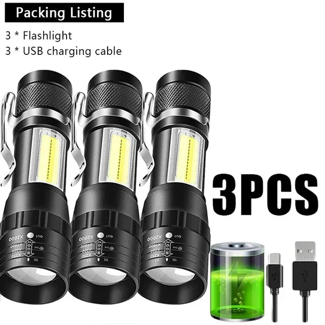 COB+XPE Mini Portable Flashlight Zoomable Small Torch USB Rechargeable Outdoor Camping Fishing Long Range Emergency Lantern