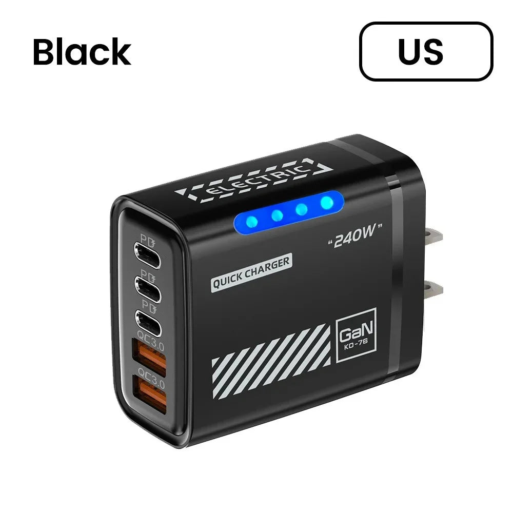 GaN 240W USB C Wall Charger 5 Ports PD QC3.0 Fast Charge Phone Adapter for iPhone 17 16 15 Samsung Xiaomi Huawei EU/US/UK Plug