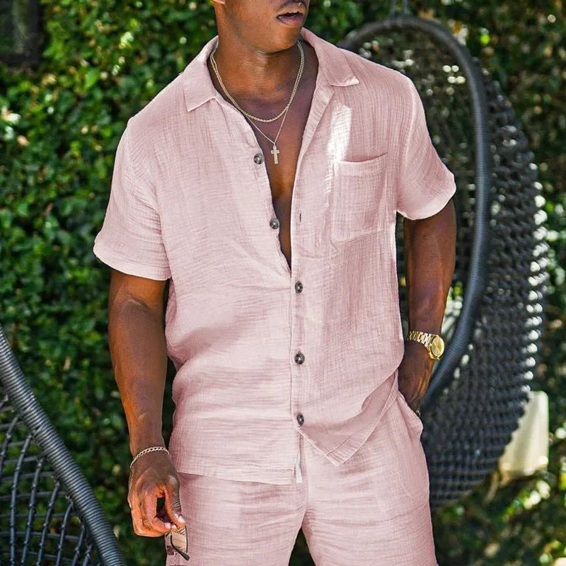 2026 Men's Summer Cotton Linen Casual Sets Fashion Short-sleeved Loose Shirt and Shorts Two-pieces Sets Men Beach Holiday Outfit