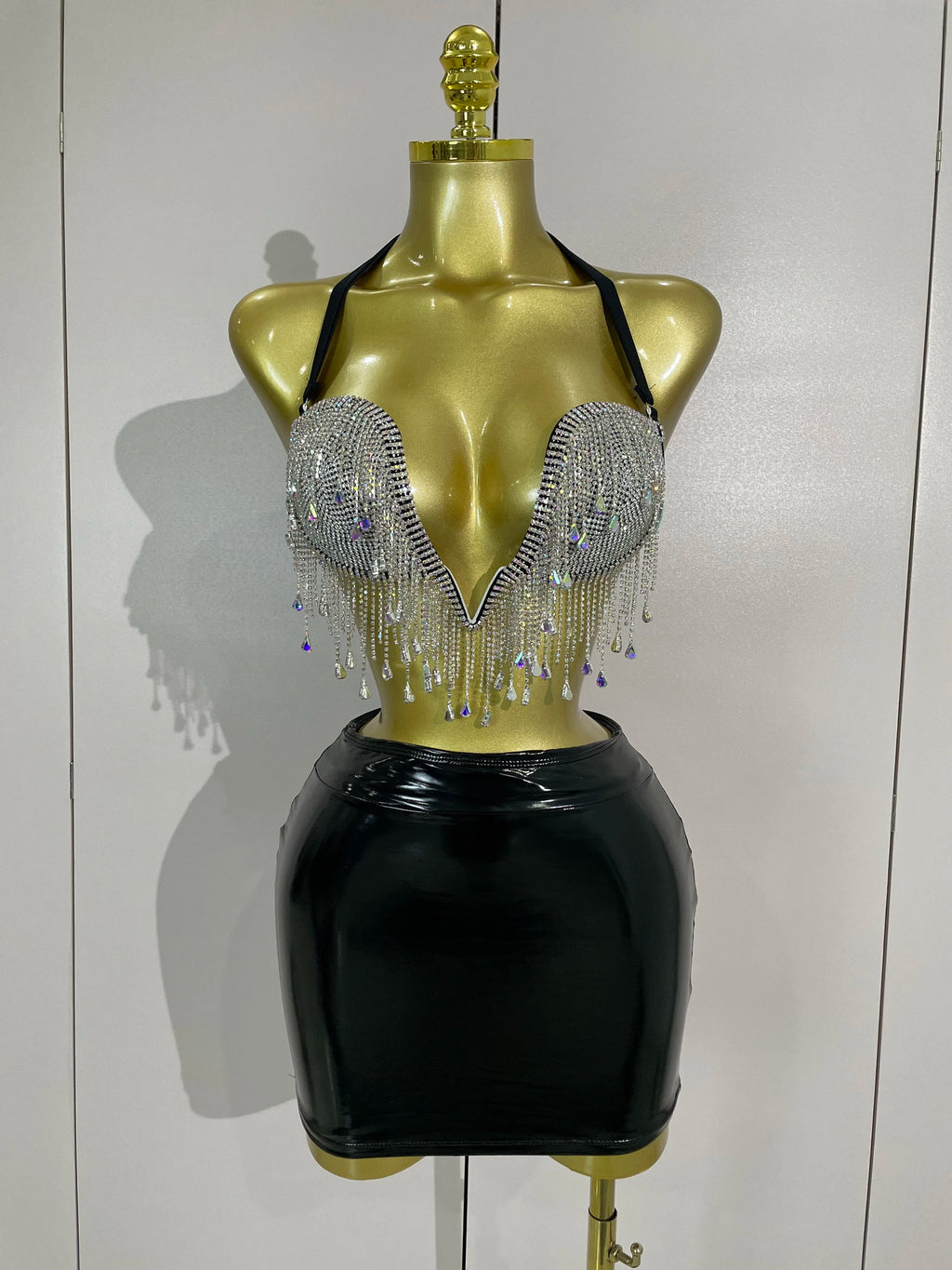 Luxury Shiny Diamond Chain Top Mini Dress Two Pieces Women Eveing Celebrate Party NightClub Festival Outfit Sexy Stage Costume