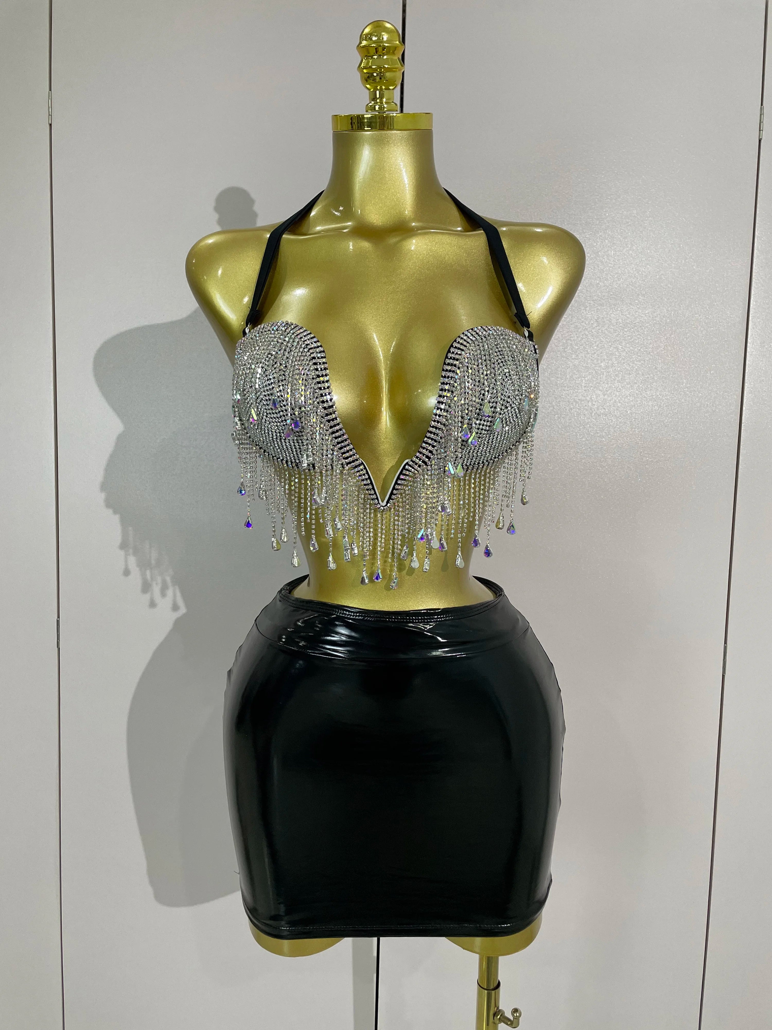 Luxury Shiny Diamond Chain Top Mini Dress Two Pieces Women Eveing Celebrate Party NightClub Festival Outfit Sexy Stage Costume