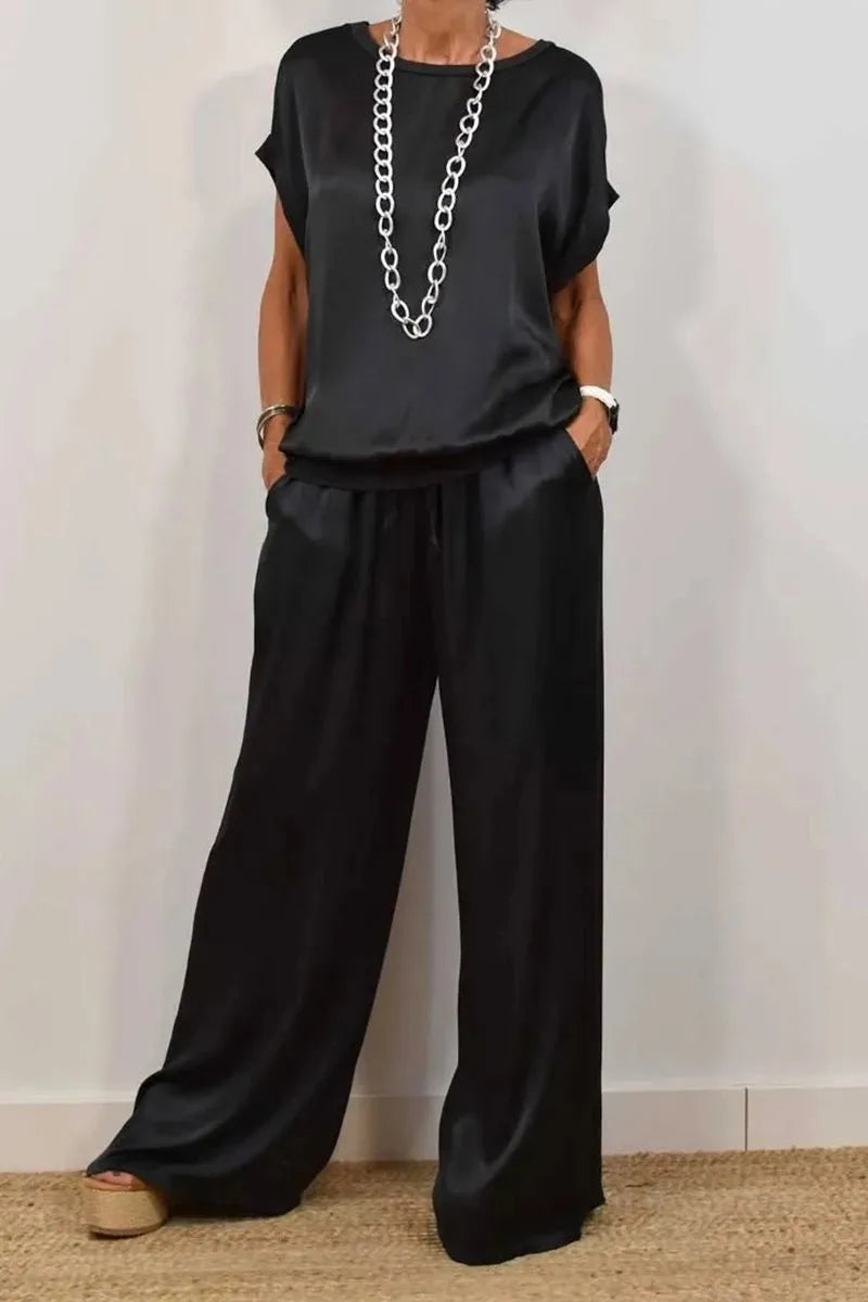 Simple Satin Women's Suits Summer Fashion Short sleeve Loose Blouse Wide Leg Pants Two Piece Set For Women Casual Outfits